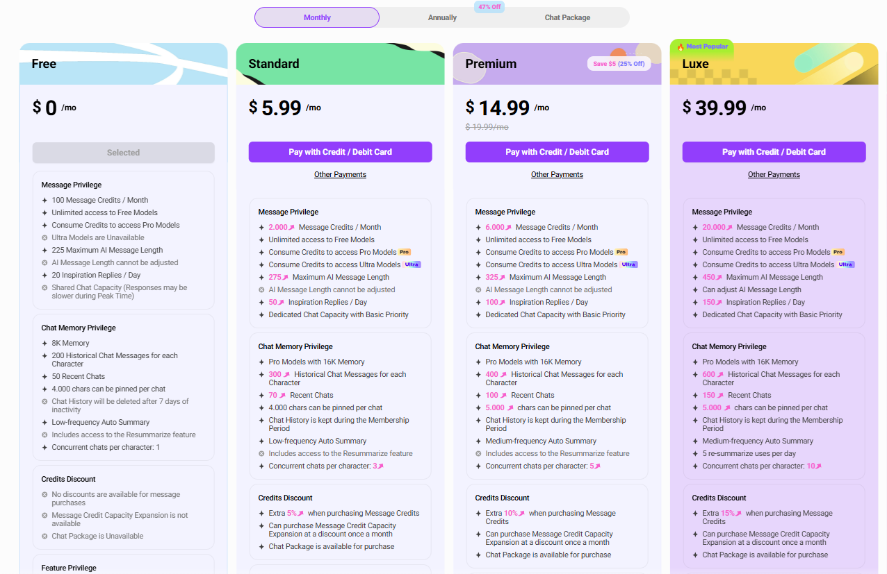 crush on ai pricing tiers and subscription benefits
